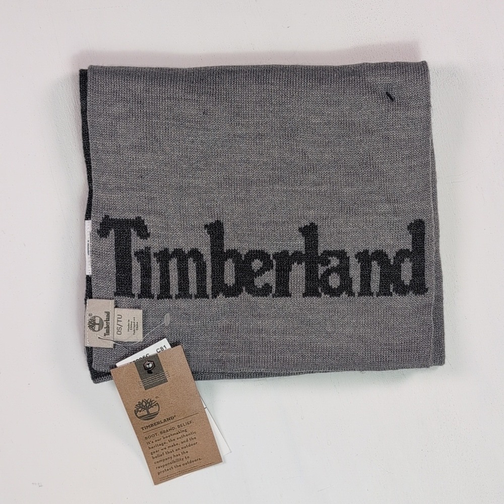 Timberland Mens Gray Knit Logo Scarf Acrylic Winter Neck Wear OS NEW